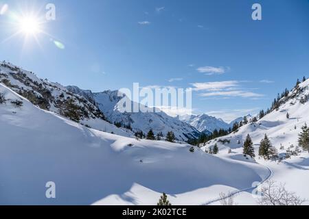 Escursione con le racchette da neve sull'Arlberg, piste nella neve Foto Stock