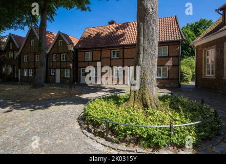 Germania, Billerbeck, Berkel, Baumberge, Muensterland, Westfalia, Renania settentrionale-Vestfalia, case a Johanniskirchplatz, case cittadine, case residenziali, magazzini, edifici a graticcio Foto Stock