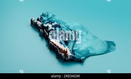 Un rendering 3D della mappa topografica dell'Arabia Saudita su sfondo blu Foto Stock