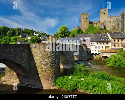 Europa, Germania, Assia, Assia centrale, Assia-Nassau, Taunus, Westerwald, Lahn, Runkel sul Lahn, storico ponte di pietra, Lahn Weir, allevamento di cigni Foto Stock