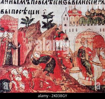 Esecuzione di Novgorodiani sotto Ivan III Dalle "vite dei monaci Zosima e Savvaty di Solovetsky". Foto Stock