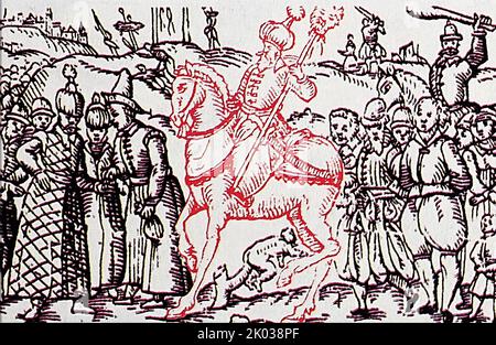 L'oprichnina fu una politica statale attuata dallo zar Ivan il terribile in Russia tra il 1565 e il 1572. La politica comprendeva la repressione di massa dei boyars (aristocratici russi), comprese le esecuzioni pubbliche e la confisca delle loro terre e dei loro beni. Foto Stock