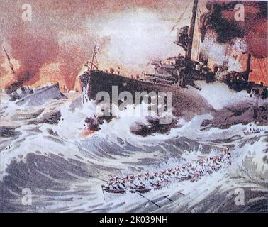 La battaglia di Tsushima fu una grande battaglia navale combattuta tra Russia e Giappone durante la guerra russo-giapponese. Fu combattuto il 27-28 maggio 1905 (il 14-15 maggio nel calendario Giuliano allora in uso in Russia) nello stretto di Tsushima situato tra la Corea e il Giappone meridionale. Foto Stock