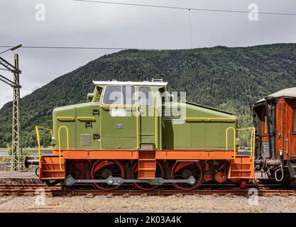 Norvegia, Vestfold og Telemark, Rjukan, Mæl, stazione, locomotiva diesel, vista laterale Foto Stock