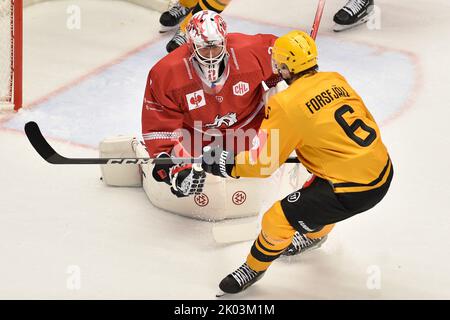 Trinec, Repubblica Ceca. 09th Set, 2022. L-R Marek Mazanec (Trinec) e Mans Forsfjall (Skelleftea) in azione durante la Champions Hockey League, Gruppo H, partita HC Ocelari Trinec vs Skelleftea AIK, il 9 settembre 2022, a Trinec, Repubblica Ceca. Credit: Jaroslav Ozana/CTK Photo/Alamy Live News Foto Stock