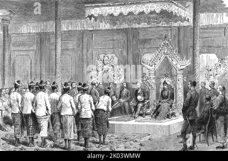 "Con Lord Dufferin in Birmania - accoglienza del viceré e della signora Dufferin a Mandalay", 1886. Da "The Graphic. Un quotidiano settimanale illustrato Volume 33. Da gennaio a giugno, 1886". Foto Stock