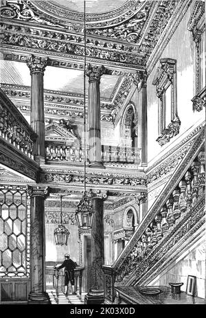 'An old London Mansion - 'Cowfields', 30 Old Burlington Street, Entrance Hall and Staircase', 1886. Da "The Graphic. Un quotidiano settimanale illustrato Volume 33. Da gennaio a giugno, 1886" Foto Stock