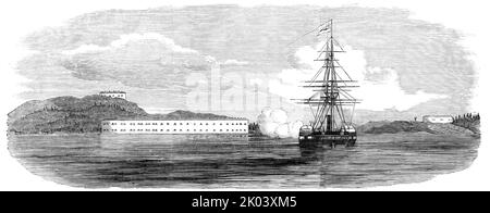 Bombardamento di Bomarsund, 1854. '2nd Round Fort - Long Fort, 80 Guns - "Odin" - 3rd Round Fort'. Navi da guerra britanniche durante la guerra di Aland - forza navale britannico-francese contro strutture militari e civili sulla costa del Granducato di Finlandia durante la guerra di Crimea. 'Alle 1 batté a quarti, e si sgomberò per agire; gli uomini rimasti alle loro armi, pronti a sgombrare i boschi, se fucili dovesse nascondere. Alle 4,45. La compagnia della nave, dopo aver cenato, fu nuovamente chiamata ai loro quartieri. Un evento infelice si è verificato o un uomo appartenente all'Odino è caduto fuori bordo; Foto Stock