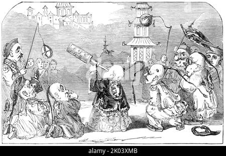 Sadler's Wells - scena da "Harlequin and the House That Jack Built in 1851", 1850. La produzione teatrale londinese: '...una scena ridicola in apertura...la pantomima Ecco una sorta di pezzo di circonvallazione che tocca la prossima Mostra del 1851, con il titolo di "Harlequin e la Casa che Jack costruì nel 1851; o, la Genie of the Ring e la meravigliosa lampada di Aladdin". Il laboratorio incantato di Jack-of-All-trades apre il dramma; che annuncia ai suoi operai che intende costruire una casa di mostra industriale. L'invenzione infine invadisce, sul motivo che Foto Stock