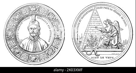 Medaglia in commemorazione dell'Unione di Francia e Inghilterra, 1854. "Signor HART, la celebrata Medaglia di Bruxelles, ha appena colpito questa medaglia molto bella, commemorativa dell'alleanza di Inghilterra e Francia sulla questione orientale [guerra di Crimea]. Al centro del lato principale si trova un eccellente ritratto del sultano, circondato dalle parole "Abdul-Medjid Khan, Empereur des Ottomans". Su un confine molto riccamente progettato, che circonda la figura centrale, vi sono una serie di piccoli scudi sostenuti da spade e striscioni, emblematici di Inghilterra, Francia, e Turchia ... sull'inverso, "Histor Foto Stock