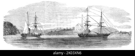 Bombardamento di Bomarsund, 1854. 'Riflemen - Masked Battery - "Hecla" - 1st Round Fort - "valoroso" - Villaggio di Bomarsund'. Navi da guerra britanniche durante la guerra di Aland. 'Apparve un grande forte rotondo su una collina, con due livelli di guns...noW....l'Hecla sparò pochi colpi dalle sue lunghe pistole, che inizialmente erano scese a corto; ma, mentre continuavamo lentamente a chiudere le batterie, presto gettò una conchiglia sul lungo forte, e il fuoco ora divenne generale... abbiamo continuato a sparare via, a una distanza di circa 2000 metri, passando e ripassando l'un l'altro fino alle sei, quando una piccola batteria mascherata alla th Foto Stock