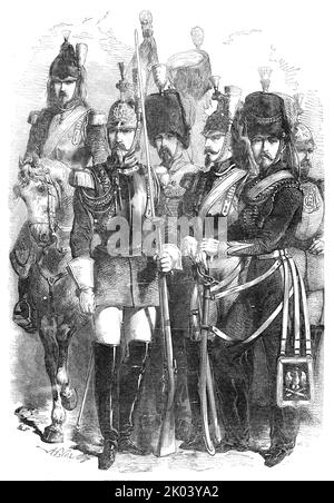 Cavalleria della Guardia Imperiale Francese, 1854. '...una nuova era ha cominciato a lungo, e la Guardia Imperiale di Francia comincia ancora una volta ad essere...[illustrata qui in] costume scelto da Napoleone III.. L'intera forza comprende una divisione, e ha circa 10.000 uomini. Queste truppe sono, naturalmente, selezionate, essendo scelte a causa del loro supporto e carrello marziale tipo soldato; e di conseguenza presentano, individualmente o quando nelle fila, un aspetto imponente. Le loro armi e i loro appuntamenti sono ineccepibili, e un corpo di truppe più fine non poteva essere sfilato. Sono generalmente quarte Foto Stock