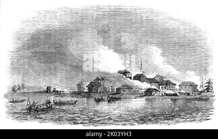 Combustione della città di Novitska, nel Mar Bianco, 1854. Scena dalla guerra di Crimea: Le navi da guerra della Royal Navy bombardano una città nella Russia settentrionale. 'Operazioni dello Squadrone del Mar Bianco... lo squadrone inglese in quella lontana regione, non è stato inattivo... la città di Novitska è stata bruciata a terra il 23rd luglio, dai piroscaioli e Miranda...[Vista della città] mentre era in fiamme... non sarebbero arrivati a termini, così la mattina dopo presidiavamo e armavamo barche e sbarcavamo i nostri marinai e marinai a sinistra della città, e procedemmo più vicino alla città con le barche a remi. Aprirono il fuoco o Foto Stock