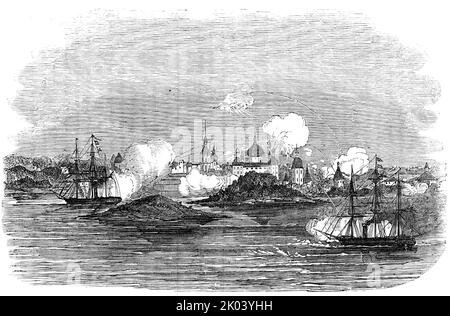 Attacco alla città di Novitska, nel Mar Bianco, da parte dei "Miranda" e "rischio", 1854. Scena dalla guerra di Crimea: Le navi da guerra della Royal Navy bombardano una città nella Russia settentrionale. 'Operazioni dello Squadrone del Mar Bianco... lo squadrone inglese in quella lontana regione, non è stato inattivo... la città di Novitska è stata bruciata a terra il 23rd luglio, dai piroscaioli e Miranda...[Vista della città] come è apparso prima del fuoco... non sarebbe venuto a termini, così la mattina dopo presidiamo e armaremmo barche, sbarcarono i nostri marinai e marinai a sinistra della città e procedemmo Foto Stock