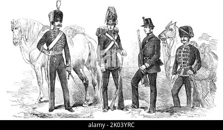 Nuovi abiti per l'artiglieria, 1854. Uniforme dell'esercito britannico: '...nuovi costumi dell'artiglieria, degli Hussars, e del Rifles...designed dalla ditta di Hamburger, Rogers e Co.... L'abito dell'artiglieria reale del cavallo sarà unencumbered da una profusione di merletto - molto costoso, E allo stesso tempo inutile...per il vestito pieno, una tracolla in pizzo d'oro ricco, con un sacchetto ricamato; avendo le braccia lavorate in oro su di esso, una corona d'oro sui lati; e un motto sottostante, orlato con pizzo d'oro. Il capo-vestito ordinario sarà continuato... in futuro, la artiglieria del piede w Foto Stock