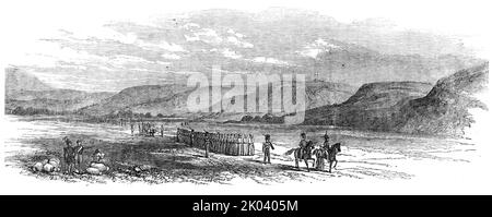 Prigionieri russi, sul campo di Alma, 1854. Guerra di Crimea. Schizzo del tenente Bredin della Royal Artillery, dei prigionieri di guerra russi '...guidato da una scorta inglese alla spiaggia sul campo dell'Alma. La figura più importante tra i soldati montati è un ufficiale russo, Ma vestito da privato... l'imperatore aveva dato ordine che tutti gli ufficiali indossassero la stessa descrizione di cappotti degli uomini, in modo che non possano essere considerati "decoltati"... aveva chiesto [in francese]... se andassimo a Sebastopol. Gli dissi che speravamo di prenderne possesso prima. Lui s Foto Stock