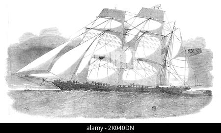 The Sunderland Clipper Barque, "Flying Dragon", 1854. "Da conti appena ricevuti, ci dispiace dover annunciare la perdita per fuoco di questo bel barbecue Clipper, sul suo passaggio da Ceylon a Londra, con un carico generale. Sembra che abbia preso fuoco a mezzanotte il 31st luglio scorso, a circa 200 miglia dal Capo; e corse nella Baia di Simon in agosto, bruciata fino al bordo dell'acqua, dove è stata scutlizzata. Il Drago volante è stato costruito per il commercio australiano, da John Pyle, di North Sand, Monkwearmouth - il costruttore dello Spirito dell'età, e altre navi che sono stati ce Foto Stock