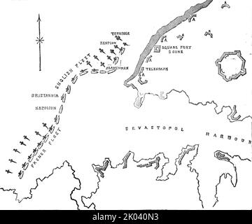 La costa nord di Sebastopol, e le batterie della Nuova Terra, 1854. Guerra di Crimea. Mappa del porto strategico del Mar Nero, '...abbozzato a bordo di H.M.S. "Spitfire" per l'Ammiragliato [mostrando] la posizione delle flotte alleate durante il bombardamento sulle batterie, ottobre 17'. Le flotte francese e inglese si trovano di fronte all'ingresso del porto. Le aree ombreggiate indicano le posizioni difensive russe. Sono inoltre segnalati il Forte quadrato e le pistole. Da "Illustrated London News", 1854. Foto Stock