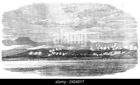 Battaglia dell'Alma - abbozzata dal Mizen-Top di H.M.S. Retribution, di Lieutenant Montagu o'Reilly, 1854. Crimea War, scena il 20 settembre da una nave da guerra britannica. "Il rapporto russo della battaglia... è molto più veritiero dei bollettini ordinari di San Pietroburgo, [E] confessa che l'apparizione dei francesi in quel quartiere inaspettato era piuttosto un affare dannoso...[la] densa massa di truppe che marciavano verso sud lungo la strada costiera verso Sebastopol [è costituita da] Fanteria francese e Artiglieria a Cavallo...[il] schizzo rappresenta la marcia dell'esercito inglese subito dopo il co Foto Stock