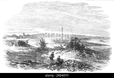 The Bromborough Pool Candle-Works - from the Mersey, 1854. Fabbrica di candele a Merseyside. 'Alla Grande Fiera del 1851 la Società ha ricevuto una Medaglia a Premio...un'altra fabbrica è stata avviata a Liverpool, il principale porto di importazione di olio di palma...le opere che hanno impiegato nell'inverno precedente oltre 900 mani, E ha fatto 100 tonnellate - &#XA3;7000 valore di candele settimanalmente... i lavori includono i negozi per i commerci principali impiegati - ingegneri, fabbri, rame-fabbri, barili, booters, falegnami, muratori, e tessitori; e lavori di benzina. Sembra piuttosto assurdo che i produttori di candele non possano accendere il themsel Foto Stock