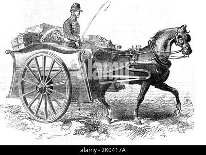 Carrello di calcolo militare brevettuale, 1854. '...l'automobile di sicurezza della molla-asta di brevetto, che dalla relativa leggerezza, commodiousness… forza, and...cheapness, offerte giuste per sostituire l'intera tribù dei dogcart, chaise-cart, errand-cart, &amp;c. Né è probabile che sostituisca solo il veicolo a due ruote. Si rivelerà un sostituto prezioso alle famiglie del paese i cui redditi o desideri sono limitati alla chaise a un cavallo o al phaeton a quattro ruote... mentre più leggero di tiraggio, e più commodious di qualunque chaise a quattro ruote, è persino più vicino al terreno che il più basso di questi; un cir Foto Stock