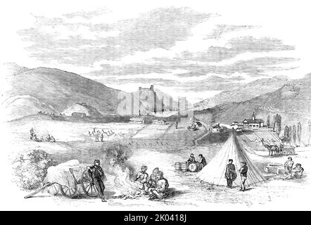 Balaclava, la scena della carica di Cavalleria di successo, 1854. Guerra di Crimea. "Il 25th ottobre i russi attaccarono il diritto della nostra posizione in pausa; i turchi, ai quali fu affidata la sicurezza di quella parte delle nostre linee, scapparono come un pacco di codardi. I russi si impadronirono delle batterie da loro detenute e, pensando che nessuno, tranne i turchi, si opposero a loro, fece un balzare sulla pianura intervenendo, con il 2nd Reggimento della cavalleria (2000 uomini), in attesa di ottenere il possesso della città e del porto di Balaclava; Ma furono stupiti di trovare che, invece di Turchi, hanno Foto Stock