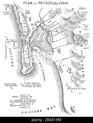 Piano di Petropaulovski, [Kamchatka], 1854. Guerra di Crimea: mappa che mostra "...posizione della flotta [alleata] e [russa] batterie", la città, le montagne, il porto ecc. 'Magazine; Government House; Landing-Place; Barracks; Fish-house; Cimitero; Gorge Battery, 5 pistole; batteria a sella, 7 pistole; batteria a punta, 5 pistole; Batteria interna, 5 pistole; batteria Path, 5 pistole; batteria Snake-in-Grass, 11 pistole; batteria da parkers, 3 pistole; batteria da giardino, 5 pistole; Citadel Battery, numero di cannoni sconosciuti... lo squadrone ha fatto la loro strada verso la baia di Awatska, il cui approccio è molto grande - alte montagne (vulcani) che appaiono o Foto Stock