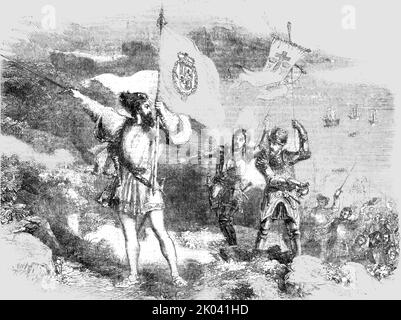 'Colombo che prende possesso dell'isola di San Salvador; Colombo e le sue scoperte 1492', 1854. Da "Cassells Illustrated Family Paper; London Weekly 31/12/1853 - 30/12/1854". Foto Stock