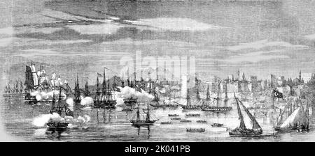 'Attacco alla flottiglia turca da parte della flotta russa, a Sinope 1853', 1854. Da "Cassells Illustrated Family Paper; London Weekly 31/12/1853 - 30/12/1854". Foto Stock