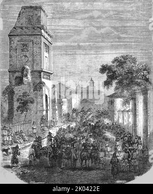 "Portare i russi feriti a San Giorgio, Bucarest", 1854. Da "Cassells Illustrated Family Paper; London Weekly 31/12/1853 - 30/12/1854". Foto Stock