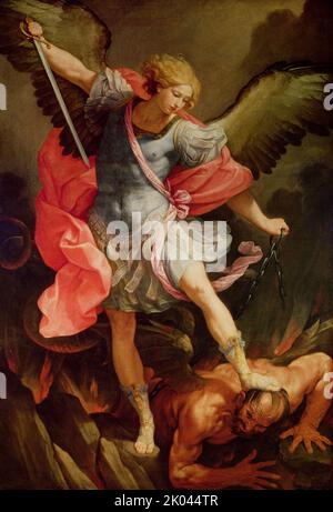 San Michele Vanquishing Satana, c.. 1635. Rinvenuto nella collezione di Santa Maria della Concezione, Roma . Foto Stock