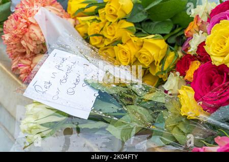 Fiori fuori Buckingham Palace ricordo della regina Elisabetta II dopo la sua morte. Londra - 9th settembre 2022 Foto Stock