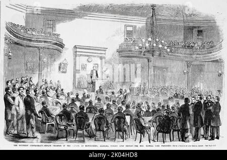 La Confederazione Meridionale - Camera del Senato al Campidoglio a Montgomery, Alabama, durante la sessione aperta - l'onorevole Howell Cobb presiedere, 4th febbraio 1861. Prima sessione del Congresso provvisorio degli Stati confederati. Illustrazione della guerra civile americana del 19th° secolo dal quotidiano illustrato di Frank Leslie Foto Stock