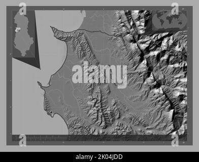 Durres, contea di Albania. Mappa altimetrica bilivello con laghi e fiumi. Mappe delle posizioni ausiliarie degli angoli Foto Stock