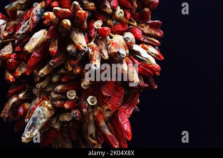 Mazzo di Red Chilly Pepper appeso alla vetrina del mercato orientale di Heidelberg, Baviera, Germania. Sfondo marrone scuro. Primo piano. Macr Foto Stock