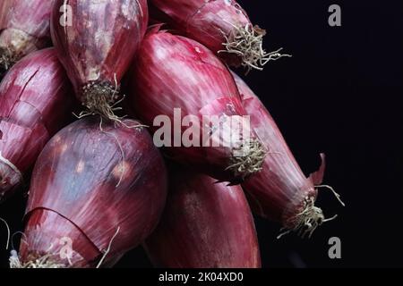 Treccia di cipolla rossa appesa alla vetrina del mercato orientale a Heidelberg, Baviera, Germania. Sfondo marrone scuro. Primo piano. Macro. Lato Foto Stock