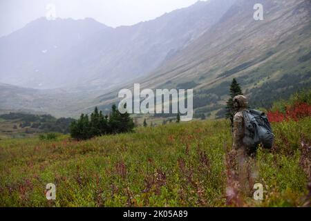 Un membro del gruppo di controllo tattico dell'aria dell'aeronautica assegnato al distaccamento 1, 3rd Air Support Operations Squadron, si sposta al punto di raduno dopo le operazioni in volo a Geronimo Drop zone, Joint base Elmendorf-Richardson, Alaska, 31 agosto 2022. Guerra speciale dell'aeronautica e clima di combattimento Airmen e paracadutisti dell'esercito, supportati dall'equipaggio della Guardia Nazionale dell'Alaska del comando di truppe dell'aviazione del 207th, hanno condotto l'addestramento per dimostrare le abilità aerotrasportate e di missione-preparazione in condizioni austere. (STATI UNITI Air Force foto di Senior Airman Patrick Sullivan) Foto Stock