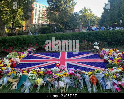 Washington DC, Stati Uniti. 9 settembre 2022, Washington, Distretto di Columbia, USA: Persone di tutte le nazionalità vennero all'Ambasciata Britannica per rendere i loro ultimi rispetti alla Regina Elisabetta II, che morì all'età di 96 anni dopo 70 anni al servizio della sua nazione. Erano in fila per firmare un libro di condoglianze all'interno dell'Ambasciata e posavano fiori all'entrata. (Credit Image: © sue Dorfman/ZUMA Press Wire) Credit: ZUMA Press, Inc./Alamy Live News Foto Stock