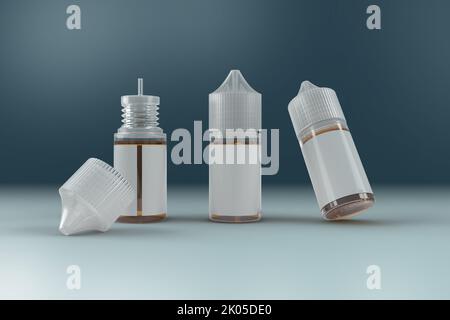 3D rappresentazione di bottiglie da 30 ml e Juice Vape Liquid in un ambiente di studio blu che mostra varie angolazioni delle bottiglie Vape Juice nella scena. 3D rendering il Foto Stock