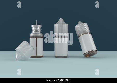 3D rappresentazione di bottiglie da 30 ml e Juice Vape Liquid in un ambiente di studio blu che mostra varie angolazioni delle bottiglie Vape Juice nella scena. 3D rendering il Foto Stock