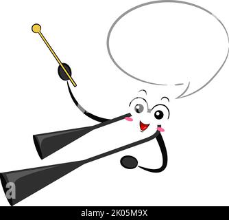 Illustrazione di Mascot Agogo Bell strumento musicale che tiene bastone di legno con bolla vocale Foto Stock