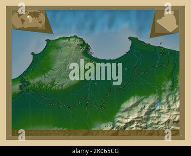 Alger, provincia di Algeria. Mappa di altitudine colorata con laghi e fiumi. Posizioni delle principali città della regione. Mappe delle posizioni ausiliarie degli angoli Foto Stock