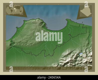 Alger, provincia di Algeria. Mappa dell'altitudine colorata in stile wiki con laghi e fiumi. Mappe delle posizioni ausiliarie degli angoli Foto Stock