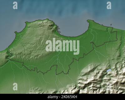 Alger, provincia di Algeria. Mappa dell'altitudine colorata in stile wiki con laghi e fiumi Foto Stock