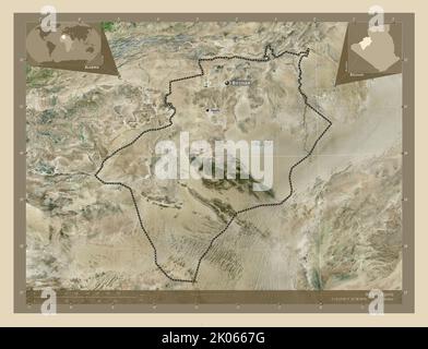 Bechar, provincia di Algeria. Mappa satellitare ad alta risoluzione. Località e nomi delle principali città della regione. Mappe delle posizioni ausiliarie degli angoli Foto Stock