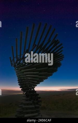 La silhouette del Ringing Singing Tree vicino a Burnley in Lancashire, Regno Unito di notte Foto Stock