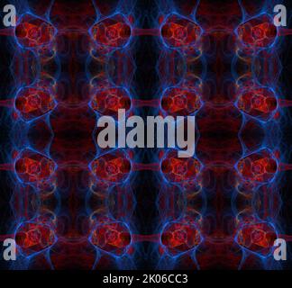 Fili rossi e blu disposti in cerchi intorno al centro. Sfondo nero Foto Stock