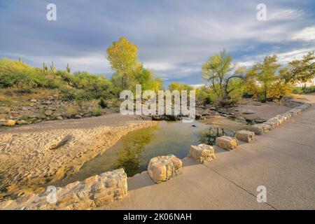 Paesaggio panoramico del deserto tra le montagne al Sabino Canyon state Park Arizona. Sentiero escursionistico per i turisti lungo uno splendido scenario naturale con b nuvoloso Foto Stock