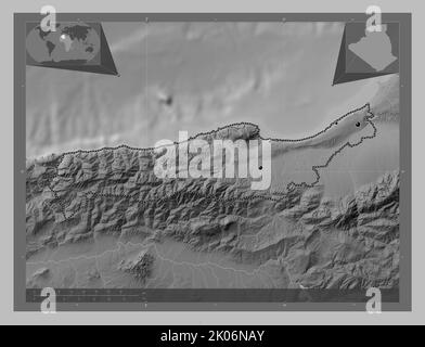 TIPAZA, provincia di Algeria. Mappa in scala di grigi con laghi e fiumi. Posizioni delle principali città della regione. Mappe delle posizioni ausiliarie degli angoli Foto Stock