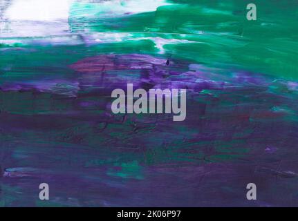 Astratto sfondo viola scuro, verde e bianco. Sfondo dipinto a mano con texture. Arte contemporanea Foto Stock